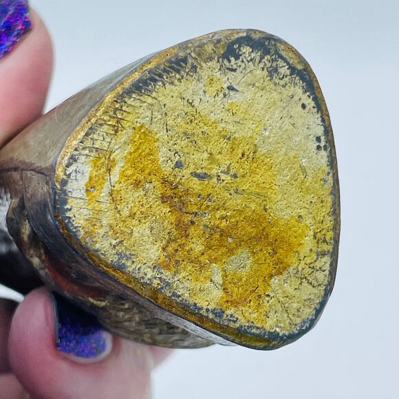 Vintage Slender Brass Bronze Metal Triangular Bud Vase Decor Woman w/ Goose - Picture 6 of 8